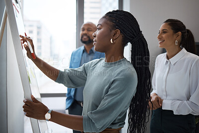 Buy stock photo Black woman, business writing and office whiteboard for company planning with strategy. African female employee, meeting and sales collaboration of staff working with teamwork and workshop idea