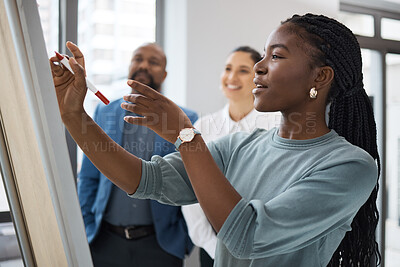 Buy stock photo Black woman, business learning and whiteboard writing for company planning with strategy. African female employee, meeting and sales collaboration of staff working with teamwork and workshop idea