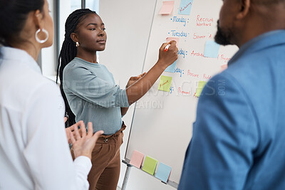 Buy stock photo Black woman, startup schedule and whiteboard writing for company planning with strategy. African female employee, meeting and collaboration report of staff working with teamwork and workshop idea