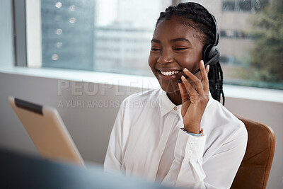 Buy stock photo Shot of a woman using a digital tablet while working in a call center