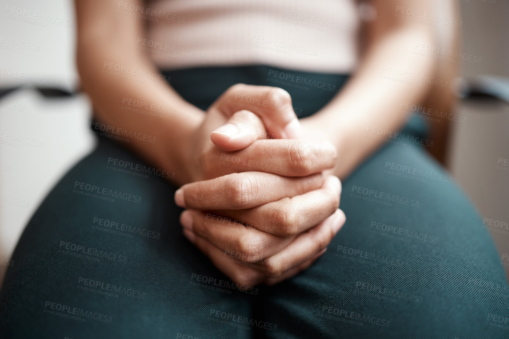 Buy stock photo Woman, hands and praying in office, worship and ask God for assistance or opportunity in career. Female person, professional gratitude and religion for spiritual wellness, confess and faith in peace