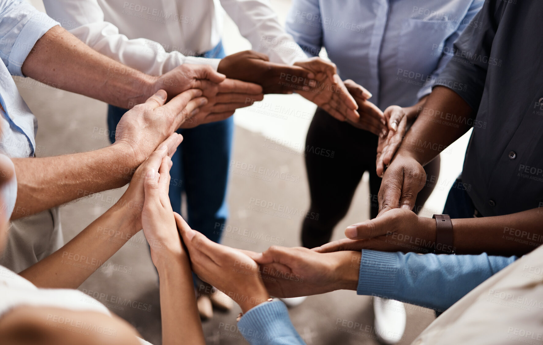 Buy stock photo Above, business people and hands in circle for teamwork, diversity and synergy in office. Corporate community, collaboration and group gesture in agency for inclusion, support and workflow with trust