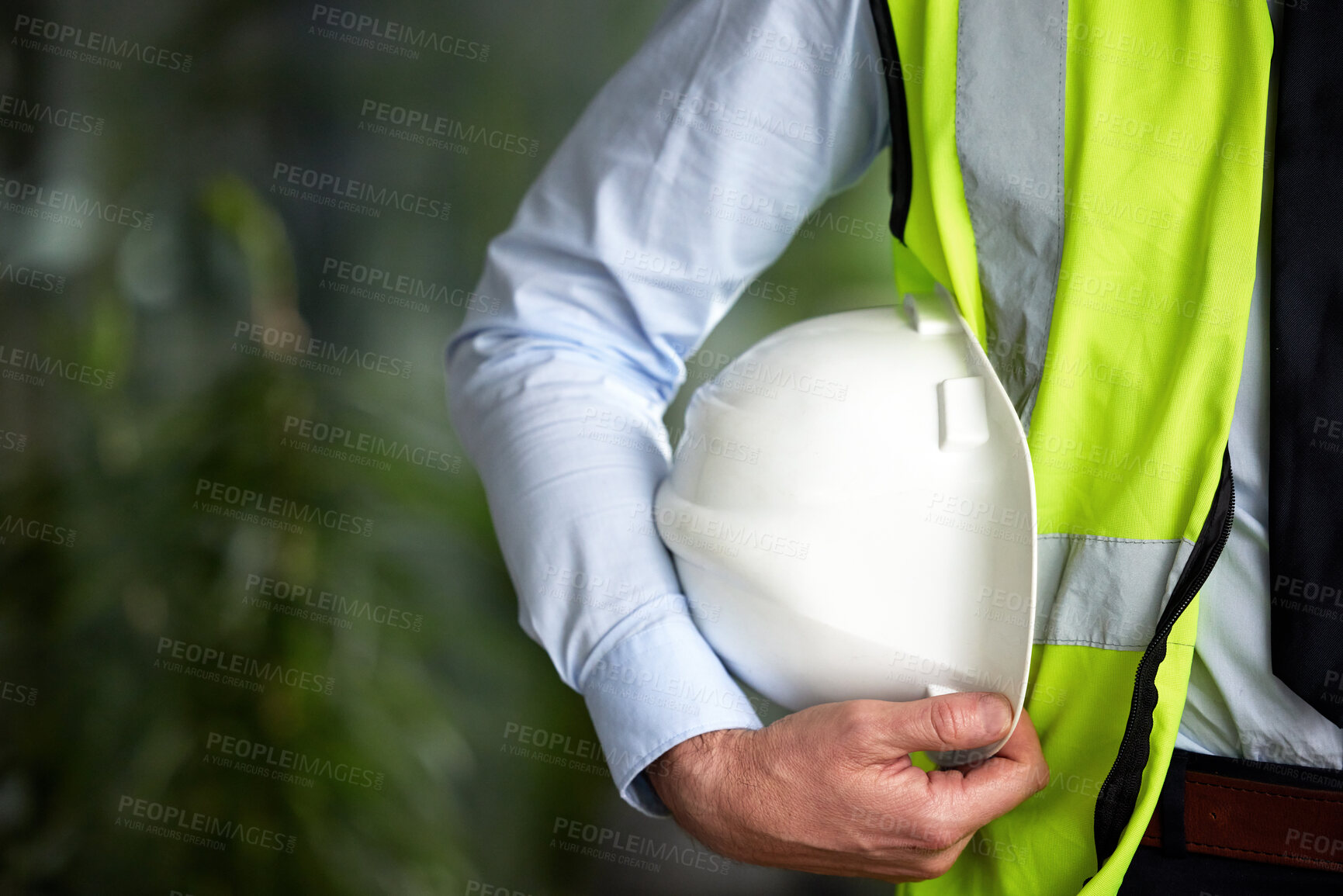 Buy stock photo Construction worker, hand and safety gear with helmet for engineering and architecture project. Outdoor, mockup and engineering employee hands with safety vest for architect job and expert work