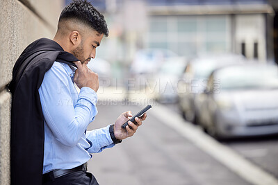 Buy stock photo Businessman, reading and relax with phone in city to chat to client and scroll news of stocks. Professional, person and research crypto investment or trader check cellphone with financial info on app