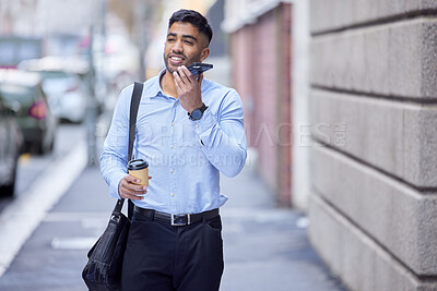 Buy stock photo Happy, businessman and phone call on coffee break in city and chat to client on walk to office. Crypto, investor or trader talk on cellphone speaker with financial info, update and thinking of stocks