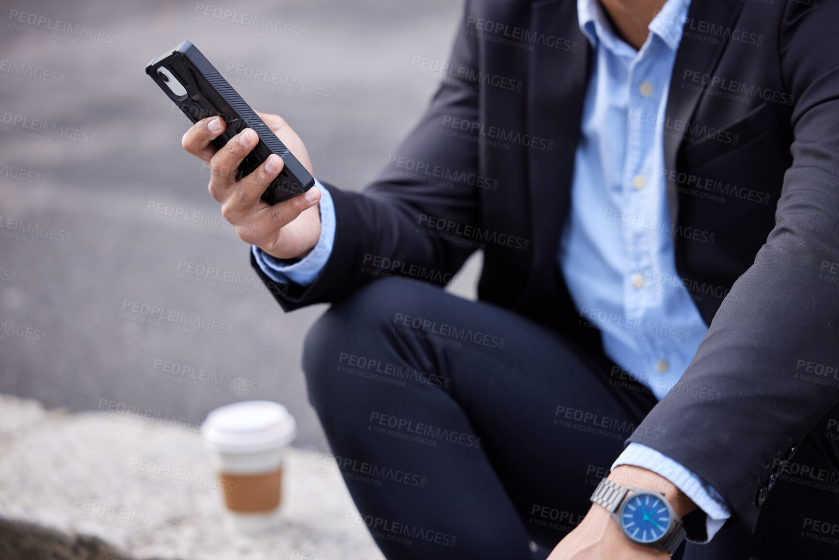 Buy stock photo Online, businessman and hands with phone on coffee break to scroll news of stocks or chat. Professional, person and research crypto investment or trader on smartphone reading financial info on app