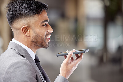 Buy stock photo Business man, phone speaker and talk in city, call and networking for company deal in outdoors. Male person, voice recording and profile for online translation, urban town and employee travel to work
