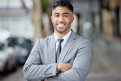 Buy stock photo Portrait, business and man with arms crossed, city and smile with startup success, ceo or executive director. Face, male person or employee in a suit, outdoor or skills with a career and professional