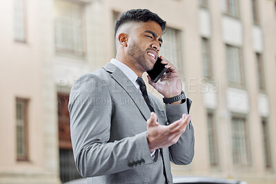Buy stock photo Business man, phone call and stress in city, confusion and networking for company deal. Male person, talking and app for conversation in urban town, mistake and lawyer question for contact on commute