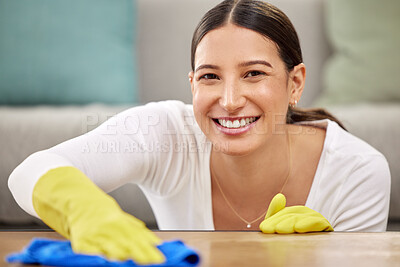 Buy stock photo Cleaning, table and portrait of woman in home with cloth for hygiene, disinfection and dust on furniture. Housekeeping, spring clean and happy person with products for chores, housework and wellness