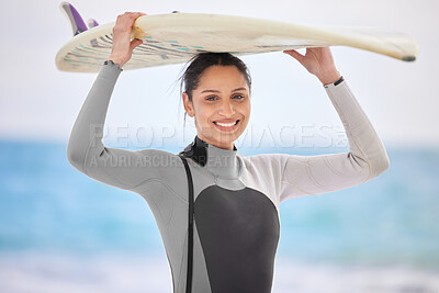 Buy stock photo Happy, girl and portrait by beach with surfboard for training or workout for competition, adventure and water sport. Female surfer, beachwear and board for active fitness by ocean coast in California