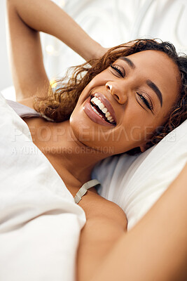 Buy stock photo Happy, smile and selfie with woman in bed for morning, social media and blog network. Happiness, relax and wake up with portrait of female person in bedroom of home for online, vlog and picture