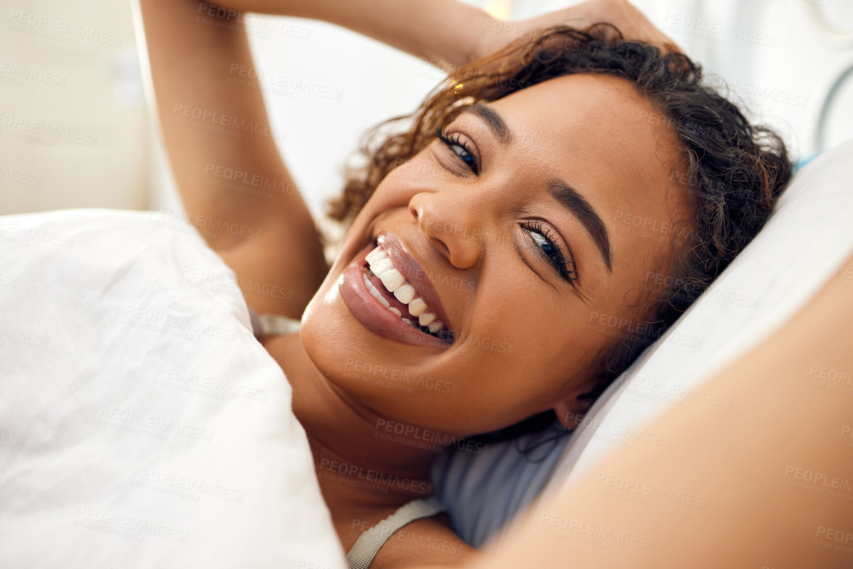 Buy stock photo Morning, selfie and portrait of woman in bed with smile for internet, networking or update. Relax, influencer and photography in bedroom with happiness for memory, online content or social media post