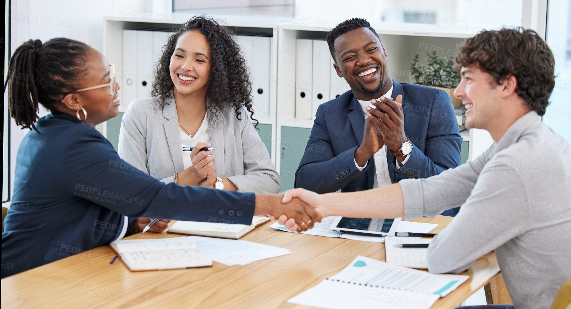 Buy stock photo People, office and handshake with smile for success on deal, teamwork and collaboration. Diversity, boardroom and happy for business achievement with congratulations, thank you and partnership
