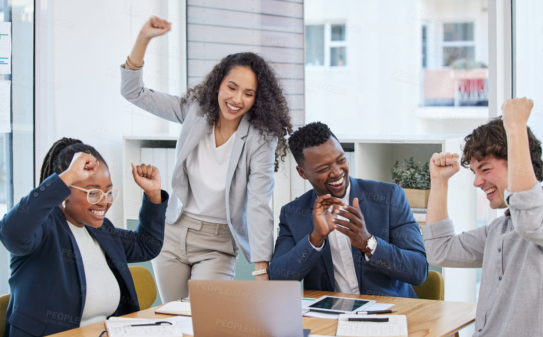 Buy stock photo Fist pump, success and winner with business people in office for celebration, achievement and teamwork. Wow, meeting and motivation with excited employees for target, goals and congratulations