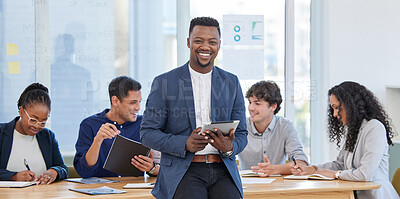 Buy stock photo Black man, office and smile with tablet for research or teamwork and collaboration. Portrait, diversity and happy with people or employees for brainstorming, strategy and data analysis for project