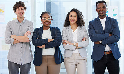 Buy stock photo Portrait of a group of confident businesspeople standing with their arms crossed in an office