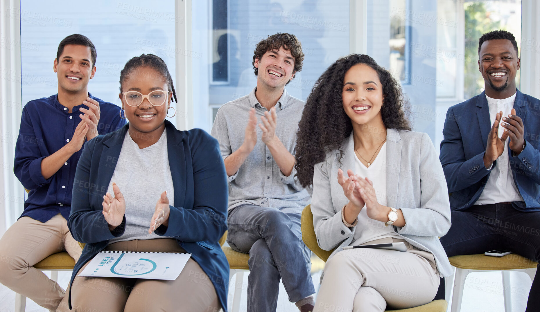 Buy stock photo Portrait of a group of businesspeople applauding during a conference