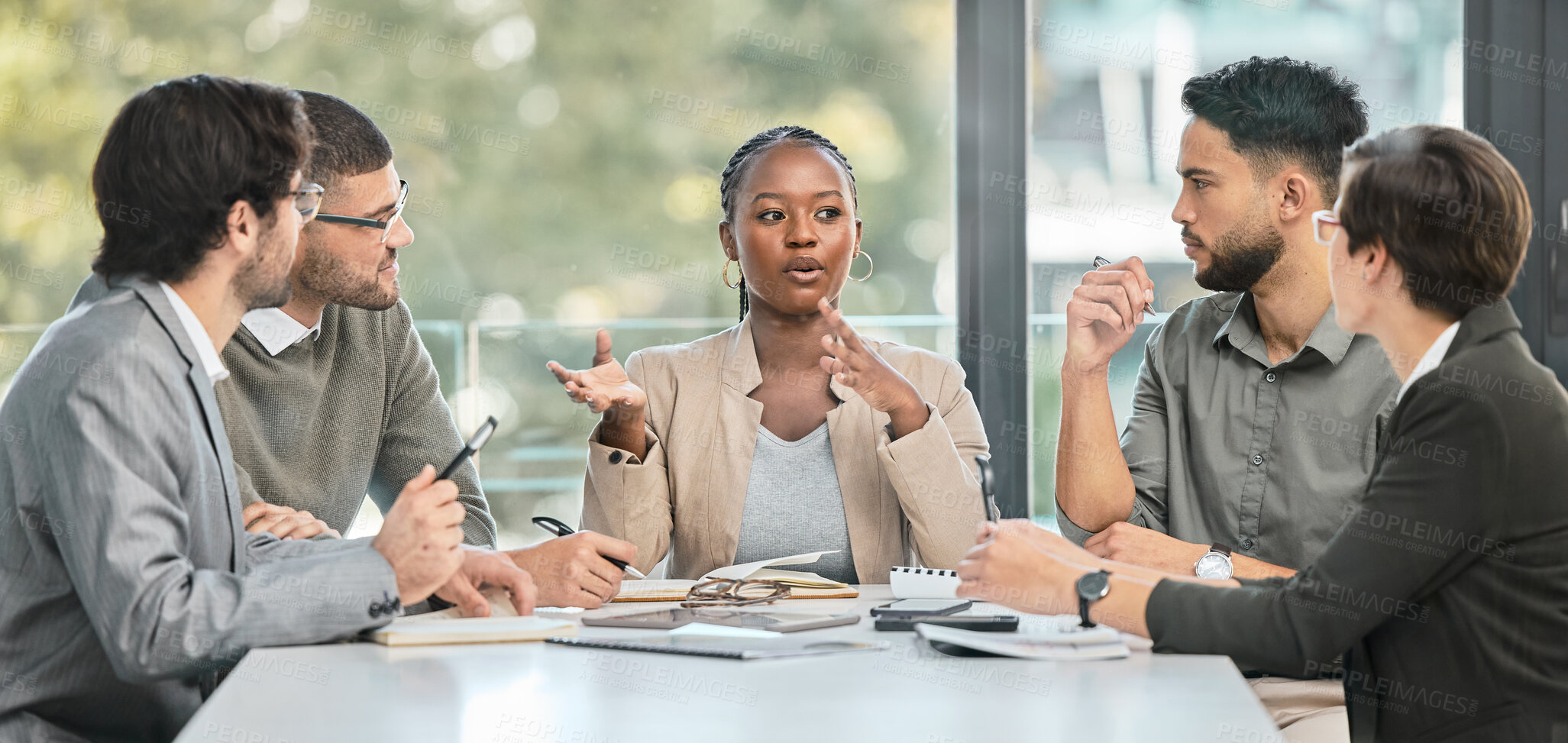 Buy stock photo Business meeting, conversation and company strategy with diversity and communication. Corporate, management conversation and planning of a training team in workshop with teamwork and collaboration