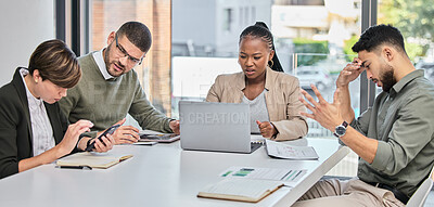 Buy stock photo Laptop, planning or business people meeting for tax audit report or financial statement in company. Accounting, team work or employees with strategy for finance paperwork, logistics or data analysis