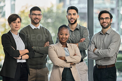 Buy stock photo Happy, diversity or portrait of business people with arms crossed or confidence in a startup company. Team, managers or proud employees smiling with leadership or group support for growth in office 