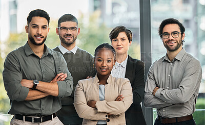 Buy stock photo Confident, diversity or portrait of business people with arms crossed or confidence in startup company. Team, managers or proud employees smiling with leadership or group support for growth in office