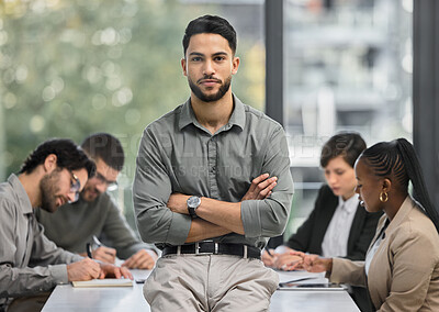 Buy stock photo CEO, confident or portrait of businessman with arms crossed or confidence in a startup company. Boss, manager or proud employee with leadership or leadership in meeting for growth in a office job 