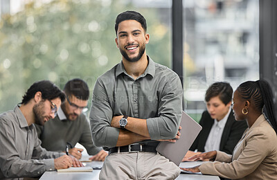 Buy stock photo CEO, happy or portrait of businessman with arms crossed, smile or confidence in a startup company. Boss, confident manager or proud employee with leadership in meeting for growth in a office job 