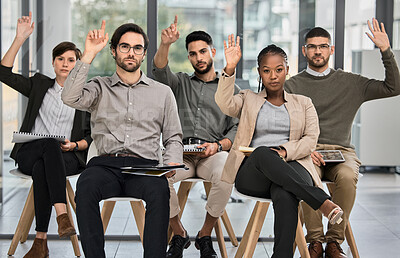 Buy stock photo Presentation, hands up or business people learning in meeting for education or coaching in company. Asking questions, portrait or team of office employees with hand raised in group training to vote 