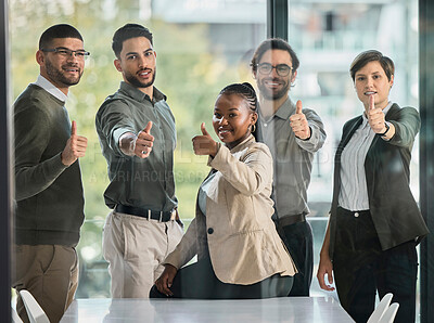 Buy stock photo Happy, success or portrait of business people with thumbs up or confidence in startup company office. Team success, thumb up or proud employees smiling with leadership or group support for growth