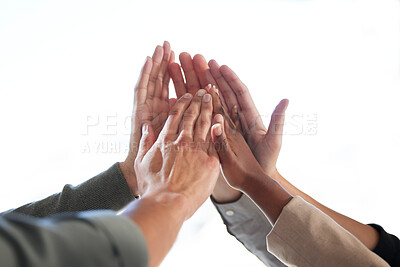 Buy stock photo Success, white background or business people high five for winning a deal or group partnership achievement. Teamwork, winners or employees in celebration together with support, victory or solidarity 