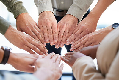 Buy stock photo Hands, circle and together for diversity and business community, collaboration and teamwork. Support, colleagues or employee connection for businesspeople, solidarity or trust for staff or workforce 