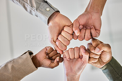Buy stock photo Hands, circle and together for fist bump and business community, collaboration and teamwork. Support, colleagues or employee connection for businesspeople, solidarity or trust for staff or workforce 