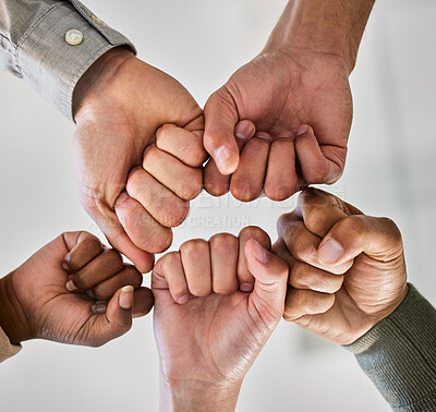 Buy stock photo Hands, circle and together for fist bump and business community, collaboration and teamwork. Support, colleagues or employee connection for businesspeople, solidarity or trust for staff or workforce 
