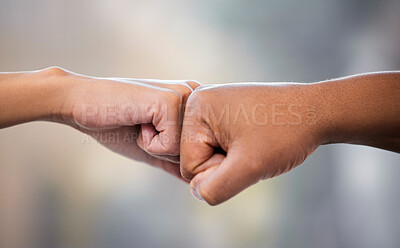 Buy stock photo Hands, friends and fist bump outdoor in support of solidarity, teamwork or collaboration on blurred background. Hand, unity and people greeting, gesture or respect outside with power, fists and deal