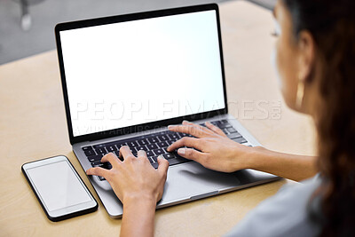 Buy stock photo Screen mockup, laptop and woman hands typing with computer information and research. Office, employee and desk with technology writing and working on the internet with web info for writer work