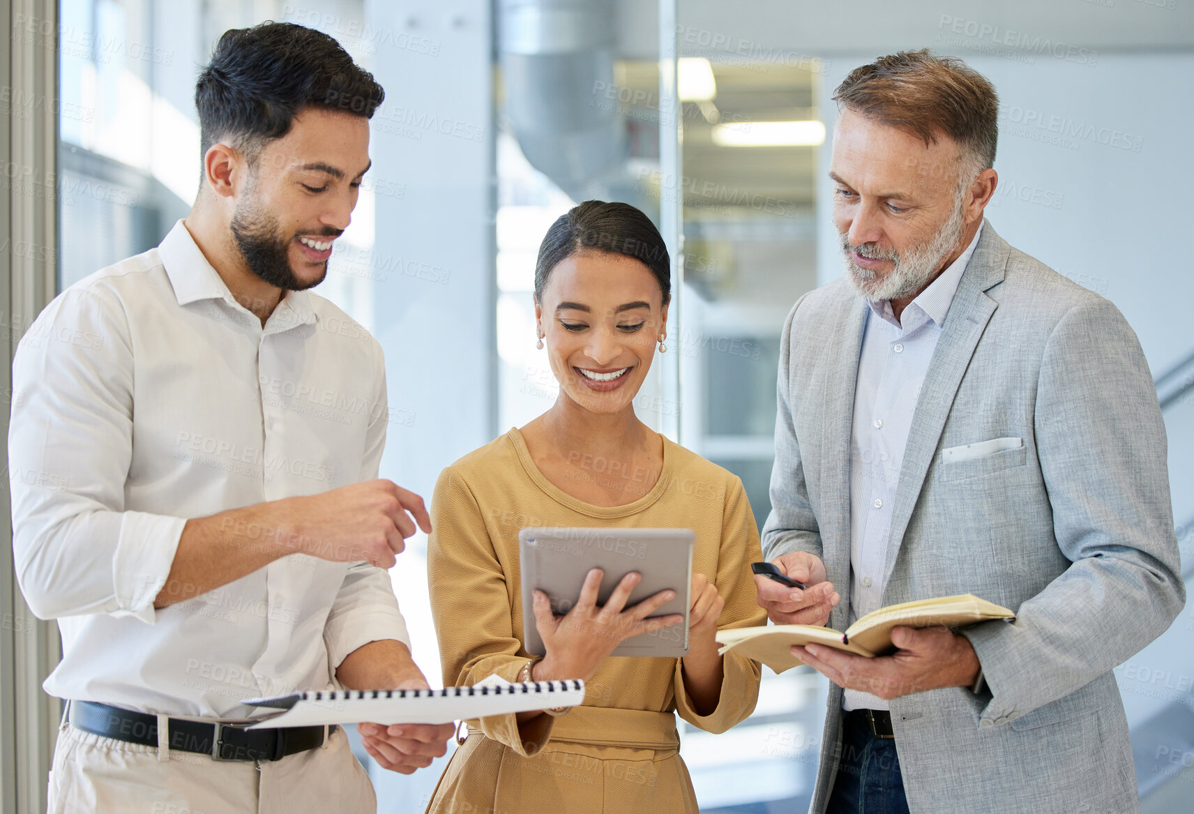 Buy stock photo Tablet, documents and team of business people in office with notes for research with collaboration. Meeting, discussion and group of financial advisors working with digital technology and paperwork.
