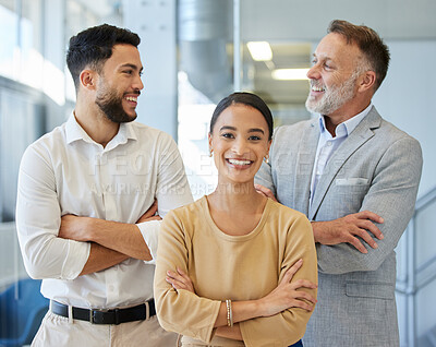 Buy stock photo Portrait of a young businesswoman standing with her arms crossed alongside her colleagues in an office