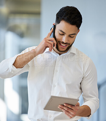 Buy stock photo Phone call, smile and businessman with tablet in office speaking on mobile, business deal or networking. Consultant, male person and connect with technology for conversation or information at work