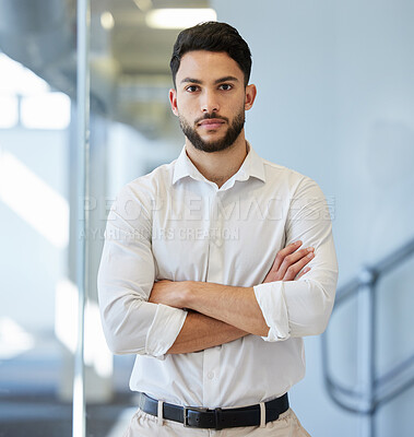 Buy stock photo Portrait, leader and business man with arms crossed in office, serious or empowered mindset. Leadership, face and proud Indian male lawyer with focus, serious and ambition, confident and professional