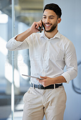 Buy stock photo Call, smile and businessman with tablet in office speaking on mobile, business deal or networking. Consultant, male person or phone to connect with technology for conversation or information at work