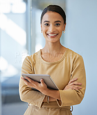 Buy stock photo Woman, tablet and portrait in office with confidence for corporate career, communication and web research. Technology, pride and female manager in workplace with internet for project update and smile