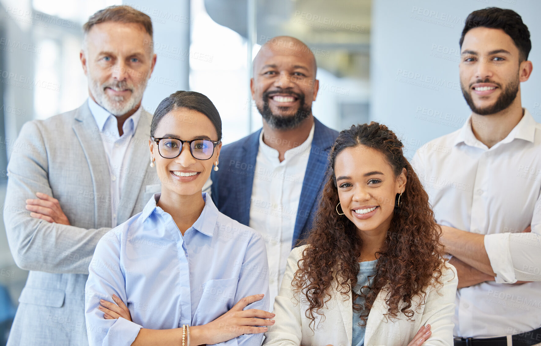 Buy stock photo Portrait of a group of businesspeople standing together in an office