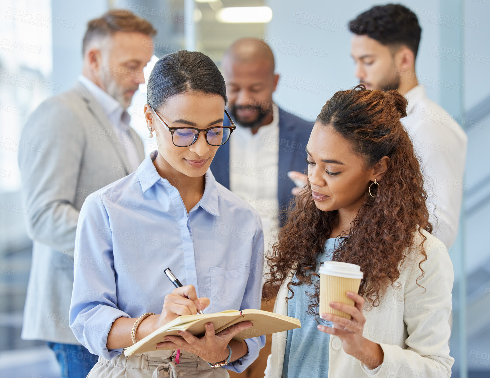 Buy stock photo Team, women and standing with notebook for writing information, planning and ideas in office. Collaboration, business people and paper for strategy in workplace for startup project or corporate work