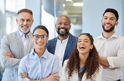 Buy stock photo Happy, portrait and business people with arms crossed in office for leadership, teamwork and solidarity. Smile, face and work friends united, laugh or together for partnership and collaboration