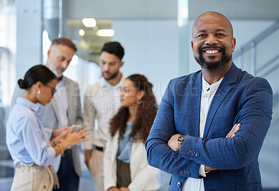 Buy stock photo Black business man, portrait and office team with teamwork feeling success and motivation. Male ceo smile, arms crossed with professional corporate management with staff talking at a workplace