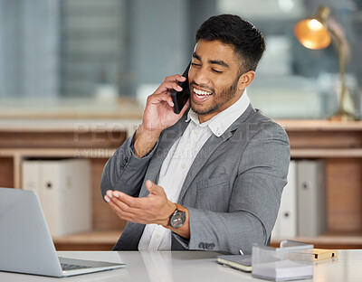Buy stock photo Businessman, desk and phone call with laptop in office for business proposal, update and consulting. Happy, lawyer and smile with technology at law firm for discussion, planning or feedback to client