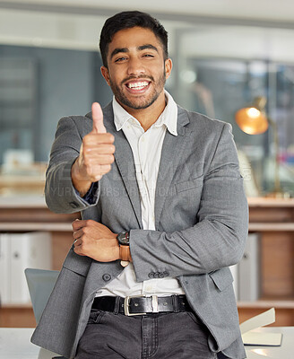 Buy stock photo Portrait, happy and business man with thumbs up in office for success, yes and thank you gesture. Face, smile and male lawyer with hand, sign and positive feedback, review or vote at startup law firm