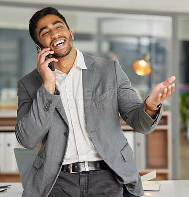Buy stock photo Young businessman, phone call and happy in office for chat, laugh and communication at desk. Male consultant, networking and mobile app in workplace for talking, internet and client advisory