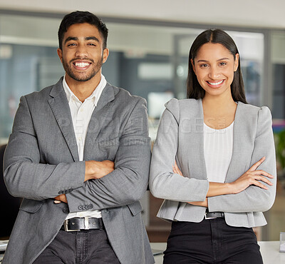 Buy stock photo Team, portrait and business people with arms crossed in office for partnership, support and teamwork. Face, leadership and proud man with woman in solidarity, collaboration and startup agency goal